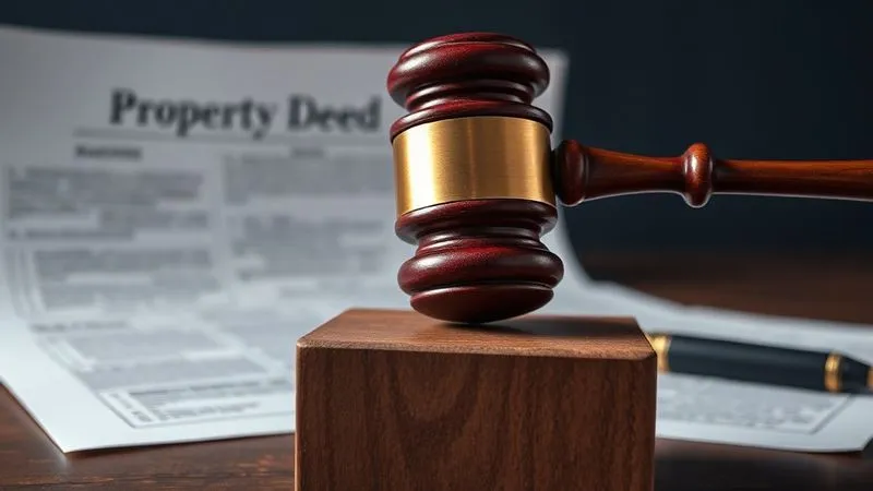 A photorealistic, professional photography, 8K, cinematic lighting, sharp focus, depth of field, shot on a high-end DSLR, showing a gavel striking a wooden block, with blurred legal documents and a distressed property deed in the background, conveying the weight of legal action.