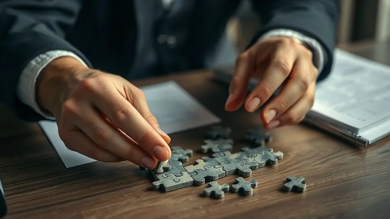 A photorealistic, professional photography, 8K, cinematic lighting, sharp focus, depth of field, shot on a high-end DSLR, showing a pair of strong, steady hands carefully assembling a complex puzzle on a table, with legal documents subtly blurred in the background, symbolizing competent asset management.