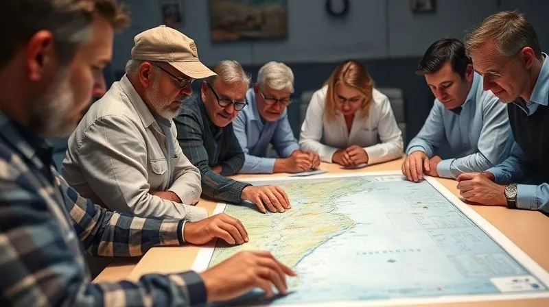 A photorealistic image showing a diverse group of stakeholders, including fishermen, environmental scientists, lawyers, and wind energy developers, collaboratively reviewing a marine spatial planning map at a large table. Cinematic lighting, sharp focus on their engaged faces and the map, depth of field, 8K hyper-detailed, shot on a high-end DSLR.