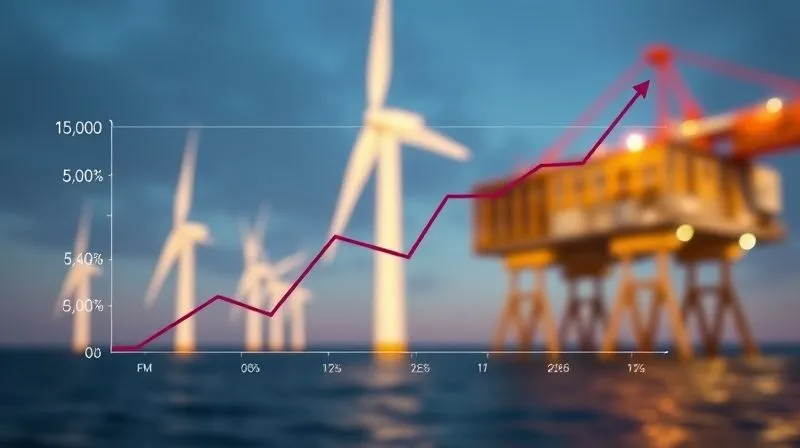 A photorealistic, professional photography shot of a graph showing a downward trend in investor confidence and an upward trend in project costs, with a blurred background of an offshore wind farm under construction. Cinematic lighting, sharp focus on the graph, 8K hyper-detailed, shot on a high-end DSLR.