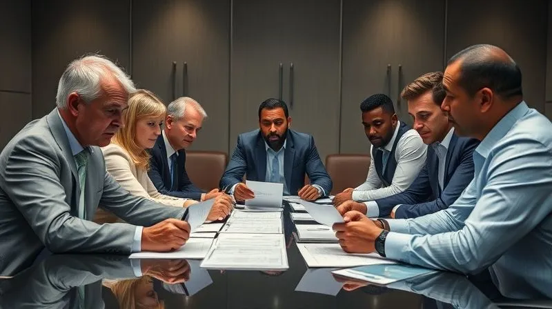 A photorealistic, professional photography, 8K, cinematic lighting, sharp focus, depth of field, shot on a high-end DSLR image of a diverse group of serious-looking sports management executives and a player representative sitting around a large conference table, reviewing documents with a focused intensity, symbolizing a serious internal review meeting. There's a sense of gravity and measured deliberation.
