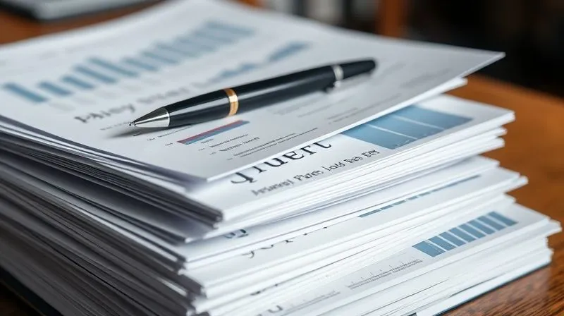 A photorealistic close-up of a meticulously organized stack of legal documents, some open to charts and graphs, with a pen resting on top, all bathed in soft, professional office lighting, sharp focus, depth of field, 8K, shot on a high-end DSLR.