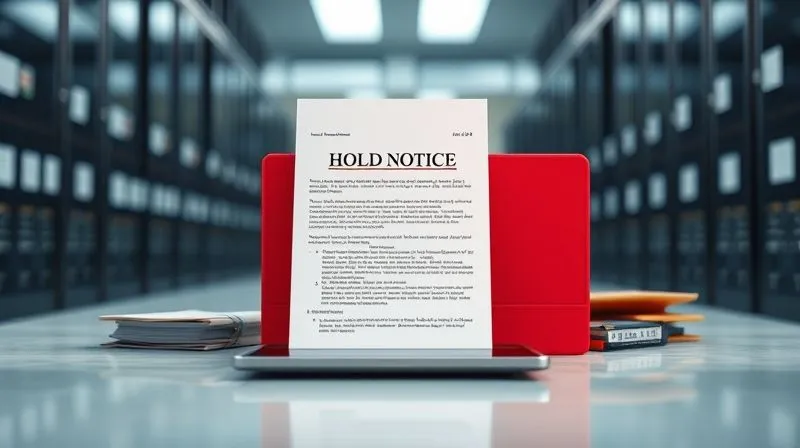 A photorealistic image of a legal hold notice document, prominently displayed on a digital tablet, surrounded by blurred folders and a secure server rack in a modern office. The lighting is crisp and professional, emphasizing the urgency of data preservation. 8K, cinematic lighting, sharp focus on the document, depth of field, shot on a high-end DSLR.