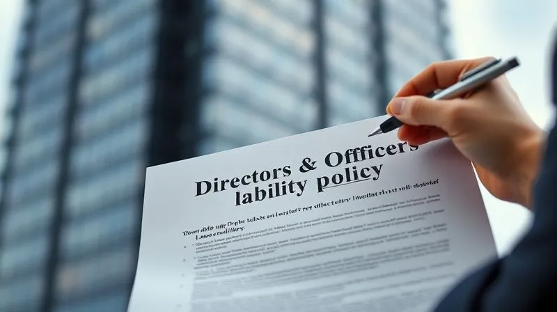 A photorealistic image of a legal document titled 'Directors & Officers Liability Policy' being reviewed by a focused hand with a pen, set against a backdrop of a blurred corporate skyscraper. The lighting is strong and professional, highlighting the gravity of insurance review. 8K, cinematic lighting, sharp focus on the document, depth of field, shot on a high-end DSLR.