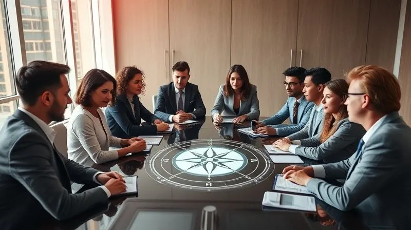 A photorealistic image of a diverse group of corporate leaders engaged in a focused discussion around a table, with a subtle glow emanating from a central, abstract ethical compass graphic on the table's surface. The setting is a modern, sunlit boardroom, conveying a sense of renewed purpose and collaboration. 8K, cinematic lighting, sharp focus on the leaders and table, depth of field, shot on a high-end DSLR.