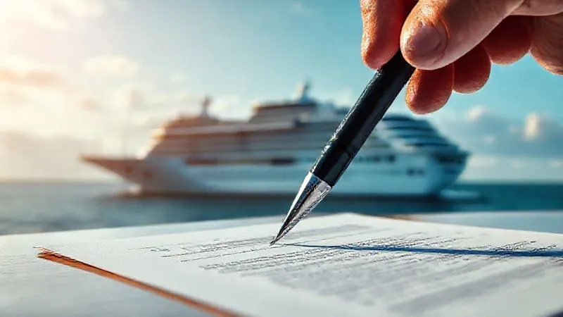Photorealistic, professional photography, 8K, cinematic lighting, sharp focus, depth of field, shot on a high-end DSLR. A close-up of a legal document or a P&I Club Letter of Undertaking being signed, with a blurred cruise ship in the background sailing freely. The image should convey relief and resolution, with a focus on the document and a pen.