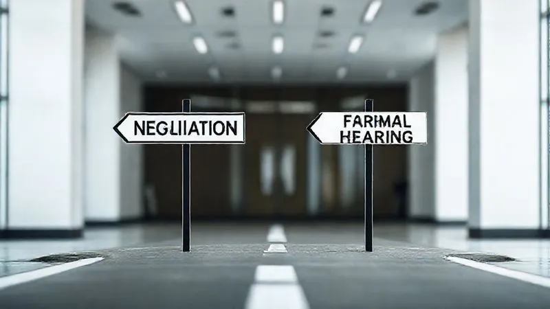 A photorealistic image depicting a crossroads or a diverging path in a professional, modern setting, with one path labeled 'Negotiation' and the other 'Formal Hearing'. The lighting is balanced, highlighting the decision point. Sharp focus on the path signs, depth of field blurring the background. 8K hyper-detailed, shot on a high-end DSLR.