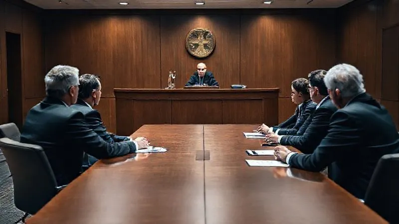 A photorealistic image of a formal administrative hearing room, with a serious-looking administrative law judge at the bench. A legal team sits at one table, and agency representatives at another, engaged in a discussion. Cinematic lighting, sharp focus on the central figures, depth of field blurring the background. 8K hyper-detailed, shot on a high-end DSLR.