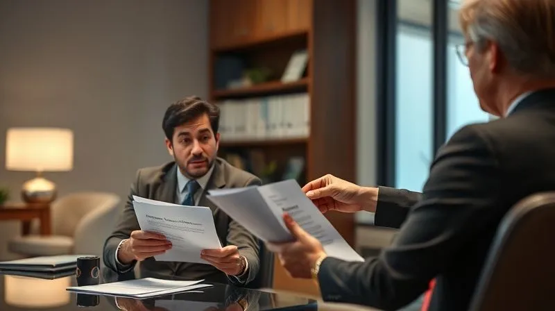 A photorealistic, professional photograph of a worried individual sitting across from a calm, reassuring attorney in a modern, well-lit law office, reviewing legal documents. The attorney is pointing to a section of a document, offering clear guidance. 8K, cinematic lighting, sharp focus on their faces and the documents, depth of field blurring the background, shot on a high-end DSLR.