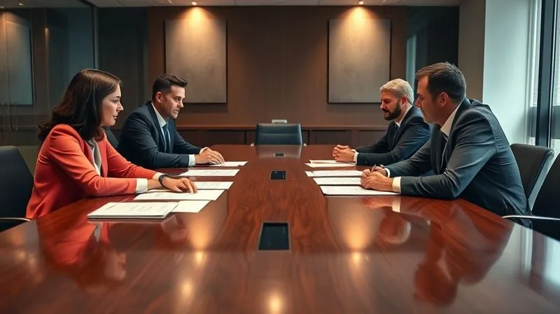 A photorealistic image of two legal teams (attorneys and clients) sitting at a large conference table in a modern, professional meeting room, engaged in intense but civil negotiation. Documents are spread across the table. The atmosphere is serious but focused on resolution. Professional photography, 8K, cinematic lighting, sharp focus on the faces, depth of field blurring the background, shot on a high-end DSLR.