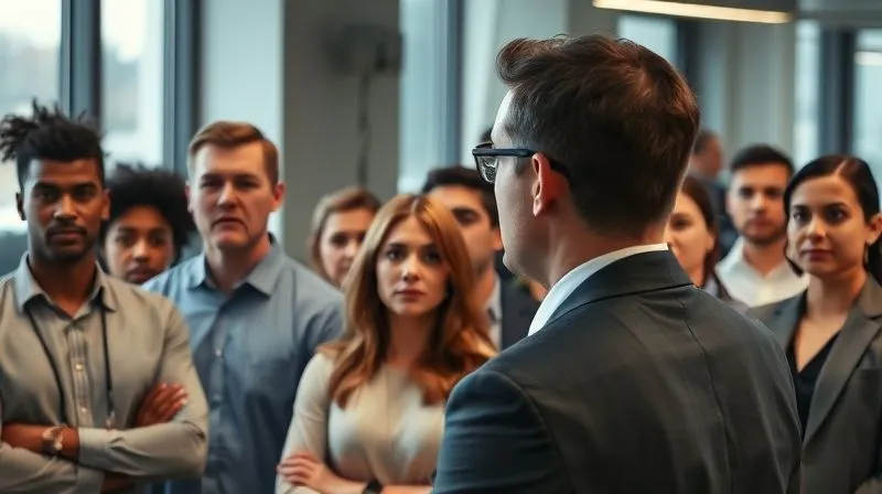 photorealistic, professional photography, 8K, cinematic lighting, sharp focus, depth of field, shot on a high-end DSLR, a diverse group of employees in a modern office, looking concerned but attentive, as a company leader (or lawyer) addresses them from the front, conveying a message of calm reassurance amidst uncertainty, soft, professional lighting