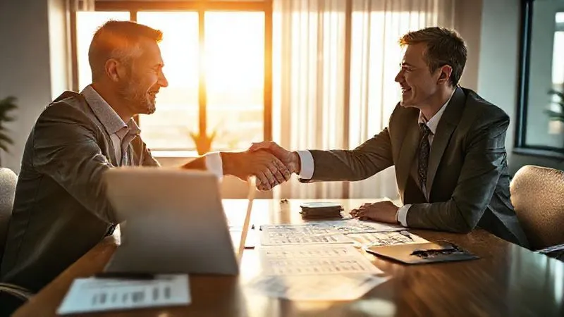 photorealistic, professional photography, 8K, cinematic lighting, sharp focus, depth of field, shot on a high-end DSLR, two business professionals shaking hands over a table laden with financial documents, a sense of relief and agreement on their faces, sunlight streaming through a window in a modern office. They are seated, with a laptop open between them showing a spreadsheet.