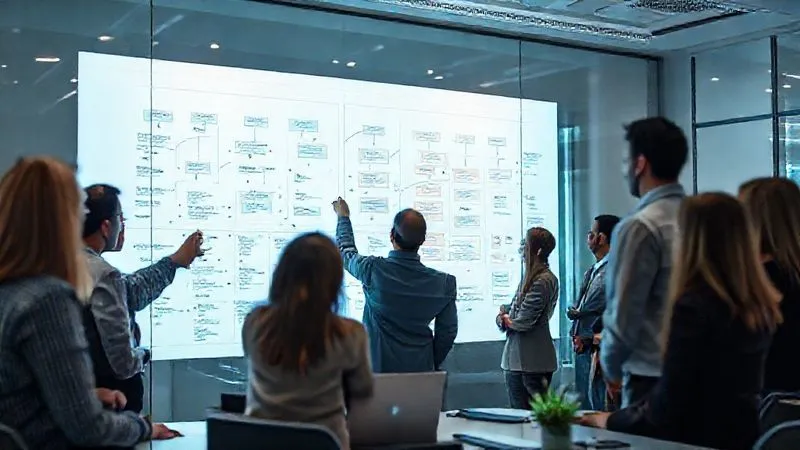 photorealistic, professional photography, 8K, cinematic lighting, sharp focus, depth of field, shot on a high-end DSLR, a complex flow chart projected onto a glass wall in a modern, minimalist office. A diverse team of business professionals are gathered around, pointing at different sections of the chart, deep in discussion about process optimization. The atmosphere is collaborative and focused.