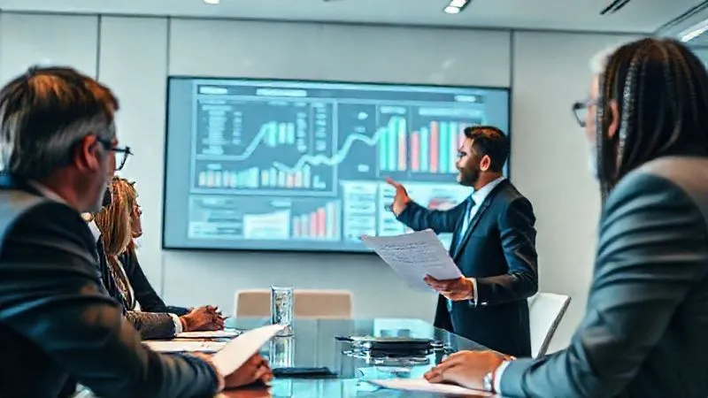photorealistic, professional photography, 8K, cinematic lighting, sharp focus, depth of field, shot on a high-end DSLR, a diverse team of financial and legal advisors in a bright, modern conference room, intently discussing a complex business strategy on a large screen. One advisor points to a financial projection, while another holds a legal document, symbolizing collaboration and expertise.