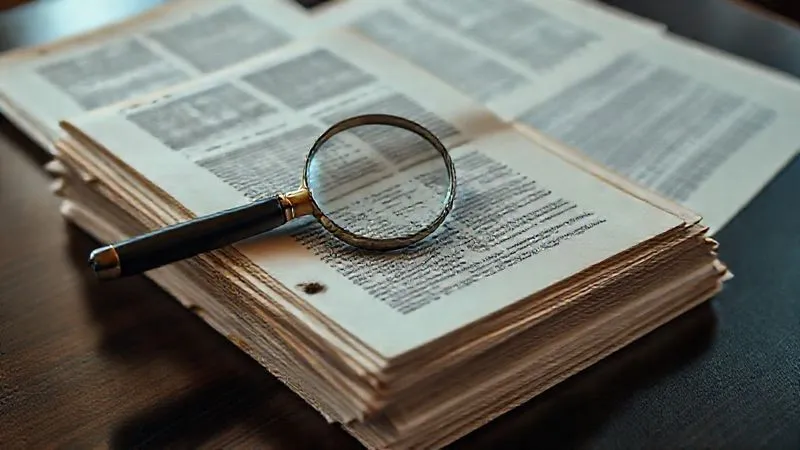Photorealistic, professional photography, 8K, cinematic lighting, sharp focus, depth of field, shot on a high-end DSLR. A stack of diverse legal documents, some open to show complex clauses and signatures, with magnifying glass over a specific paragraph. The documents are slightly aged, hinting at historical transactions, arranged on a dark, polished wooden table.