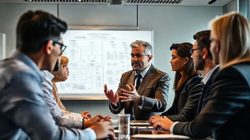 Photorealistic, professional photography, 8K, cinematic lighting, sharp focus, depth of field, shot on a high-end DSLR. A diverse group of business professionals in a modern, well-lit conference room, engaged in intense but professional negotiation. Whiteboard behind them shows complex financial flowcharts. The mood is serious but collaborative, with a focus on problem-solving. A central figure is gesturing towards a detailed financial projection.