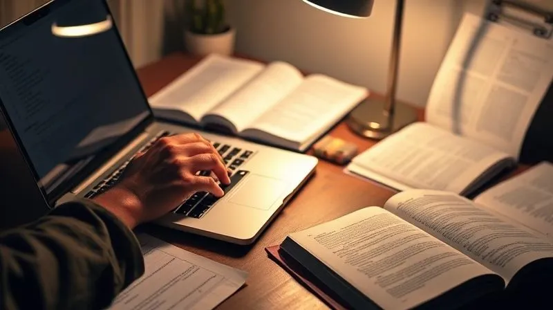 A photorealistic image of a person's hands typing on a laptop, surrounded by open legal texts and highlighted notes on a desk. The scene is illuminated by a desk lamp, casting a focused glow on the work, conveying diligent legal research and writing. 8K, cinematic lighting, sharp focus, depth of field, shot on a high-end DSLR.