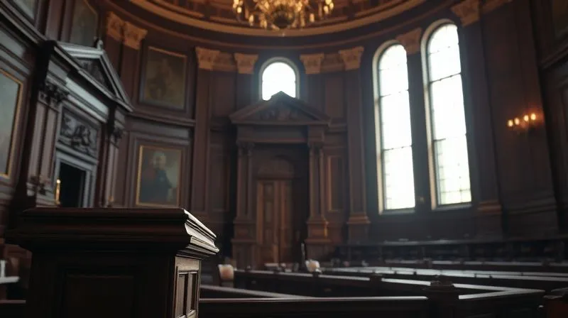 A photorealistic image of a classic, ornate courtroom with a judge's bench prominently in the foreground, bathed in natural light filtering through tall windows. The scene conveys solemnity and the weight of legal proceedings. 8K, cinematic lighting, sharp focus on the bench, depth of field blurring the background, shot on a high-end DSLR.
