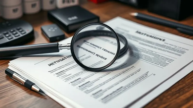 A photorealistic image of a detective's desk, but instead of crime, it's focused on HR investigation. A magnifying glass rests on a neatly organized stack of documents: an employee complaint form, performance reviews, and policy guidelines. A discreet voice recorder and a notepad with bullet points are visible. Cinematic lighting, sharp focus on the documents, depth of field blurring the background, 8K hyper-detailed, shot on a high-end DSLR.