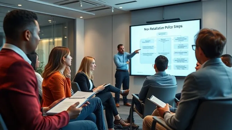 A photorealistic image of a diverse group of professionals in a modern conference room, engaged in a training session. A presenter is at the front, pointing to a screen displaying a flowchart on 'Non-Retaliation Policy Steps'. Attendees are taking notes and actively participating, with a sense of focused learning and collaboration. Cinematic lighting, sharp focus on the group, depth of field blurring the background, 8K hyper-detailed, shot on a high-end DSLR.