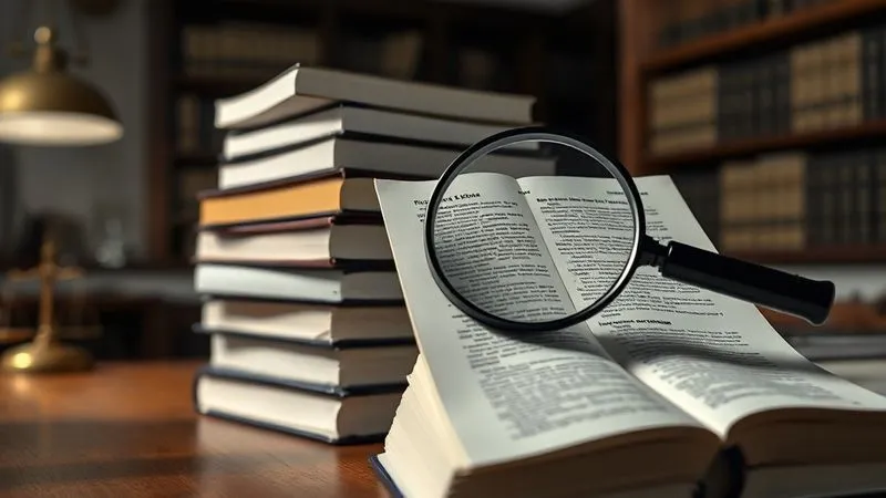 photorealistic, professional photography, 8K, cinematic lighting, sharp focus, depth of field, shot on a high-end DSLR, a stack of legal code books and regulations, with a magnifying glass resting on a page highlighting a specific section, the background is a dimly lit, serious law office setting, conveying the complexity of legal research.