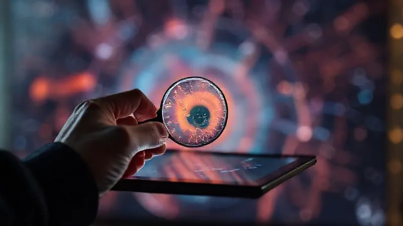A photorealistic, professional photography, 8K, cinematic lighting, sharp focus, depth of field, shot on a high-end DSLR, depicting a blurred background of abstract AI-generated art, with a sharp foreground focus on a human hand holding a magnifying glass, examining details on a digital tablet, symbolizing scrutiny and due diligence in AI art creation.