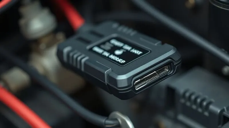 Photorealistic, professional photography, 8K, cinematic lighting, sharp focus, depth of field, shot on a high-end DSLR. A close-up of a rugged, compact electronic device, partially exposed from a vehicle's wiring harness, with small data ports visible. The device represents a truck's Event Data Recorder (EDR), with subtle indicators of its internal circuitry, against a softly blurred background of vehicle components.