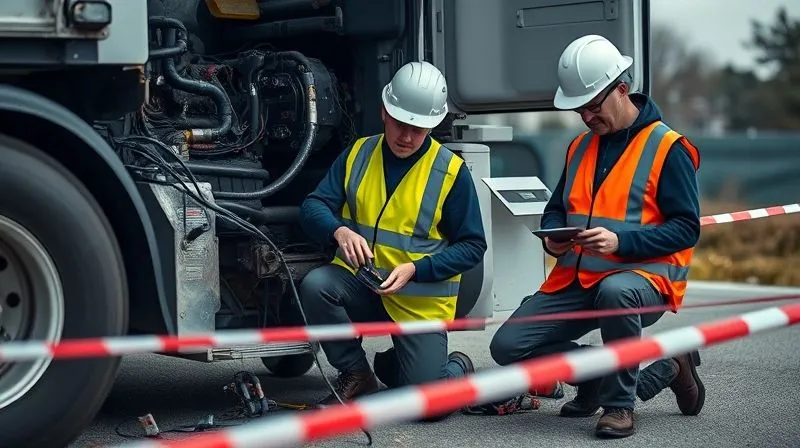 Photorealistic, professional photography, 8K, cinematic lighting, sharp focus, depth of field, shot on a high-end DSLR. Two forensic engineers in safety vests and hard hats, one kneeling with specialized equipment connected to a commercial truck's engine compartment, the other documenting with a tablet. The scene is an outdoor, cordoned-off accident investigation area, conveying professionalism and meticulous detail.