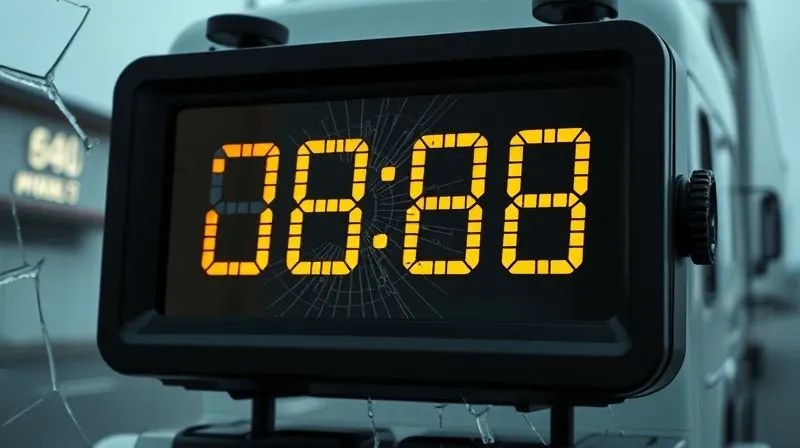 A photorealistic, professional photography, 8K image of a large digital clock rapidly counting down, with a shattered commercial truck windshield subtly visible in the background, symbolizing the urgency of evidence preservation. Cinematic lighting emphasizes the tension, sharp focus on the clock, depth of field blurring the background. Shot on a high-end DSLR.