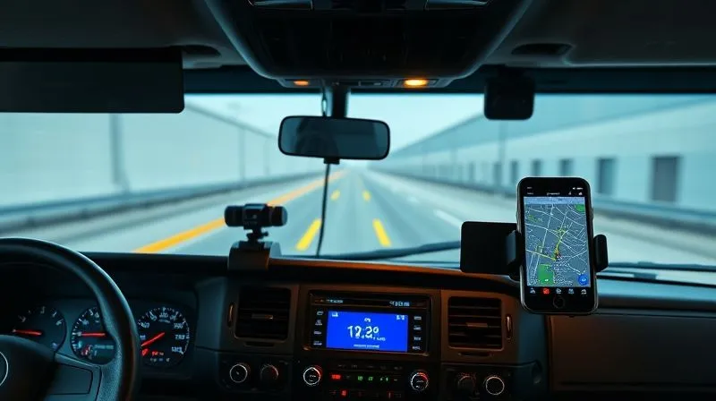 A photorealistic, professional photography, 8K image showing a modern commercial truck dashboard. On it, an ELD screen displays hours of service, a dashcam is mounted, and a smartphone (securely docked) shows a map. Cinematic lighting highlights the various digital devices, sharp focus on the screens and devices, depth of field blurring the background of the truck interior. Shot on a high-end DSLR.