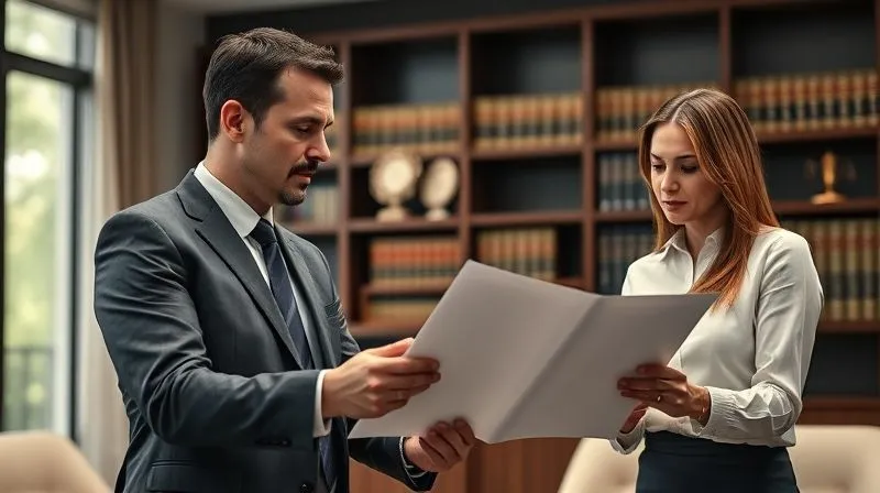 A photorealistic, professional photography, 8K image of a compassionate yet authoritative legal professional, dressed in a sharp suit, explaining complex documents to a concerned client in a modern, well-lit law office. Cinematic lighting creates a sense of trust and reassurance, sharp focus on the interaction, depth of field subtly blurring legal books and awards in the background. Shot on a high-end DSLR.