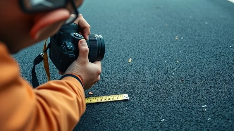 Photorealistic, professional photography, 8K, cinematic lighting, sharp focus, depth of field, shot on a high-end DSLR. A person carefully photographing tire skid marks on asphalt, with a measuring tape visible for scale. The scene is an outdoor road with scattered debris, emphasizing precision and documentation. The mood is serious and investigative.