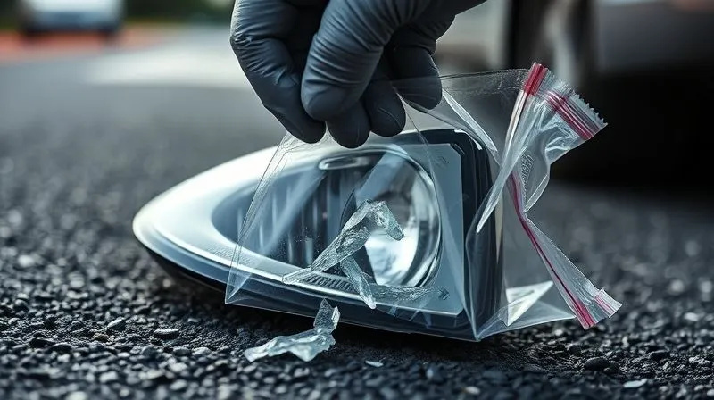 Photorealistic, professional photography, 8K, cinematic lighting, sharp focus, depth of field, shot on a high-end DSLR. A close-up of a shattered headlight fragment on the ground, with a gloved hand carefully placing it into a clear plastic evidence bag. The background shows blurred asphalt and a faint outline of a damaged vehicle, emphasizing meticulous collection and preservation.