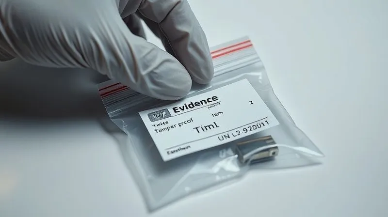 Photorealistic, professional photography, 8K, cinematic lighting, sharp focus, depth of field, shot on a high-end DSLR. A hand wearing a forensic glove is sealing an evidence bag with a tamper-proof seal, a clear label showing date, time, and item description. The background is a sterile, well-lit surface, emphasizing meticulousness and legal integrity in evidence handling.