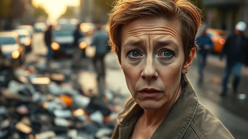 Photorealistic, professional photography, 8K, cinematic lighting, sharp focus, depth of field, shot on a high-end DSLR. A person looking distressed and overwhelmed at a chaotic accident scene, with blurred figures in the background clearing debris. The focus is on the emotional impact of missing crucial evidence, conveying urgency and the cost of inaction.