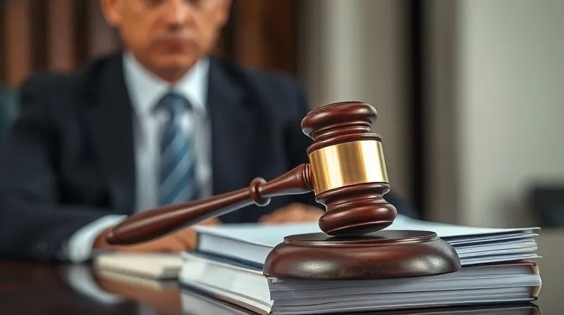 A photorealistic image of a federal court judge's gavel resting on a stack of legal documents, with a blurred background of a sophisticated, well-dressed individual looking concerned, cinematic lighting, sharp focus on the gavel, depth of field, 8K hyper-detailed, professional photography.
