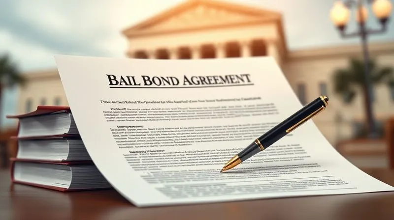 A photorealistic image of a legal document titled 'Bail Bond Agreement' with a pen poised to sign, surrounded by a stack of legal texts, a blurred background of a federal courthouse, cinematic lighting, sharp focus on the document, depth of field, 8K hyper-detailed, professional photography.
