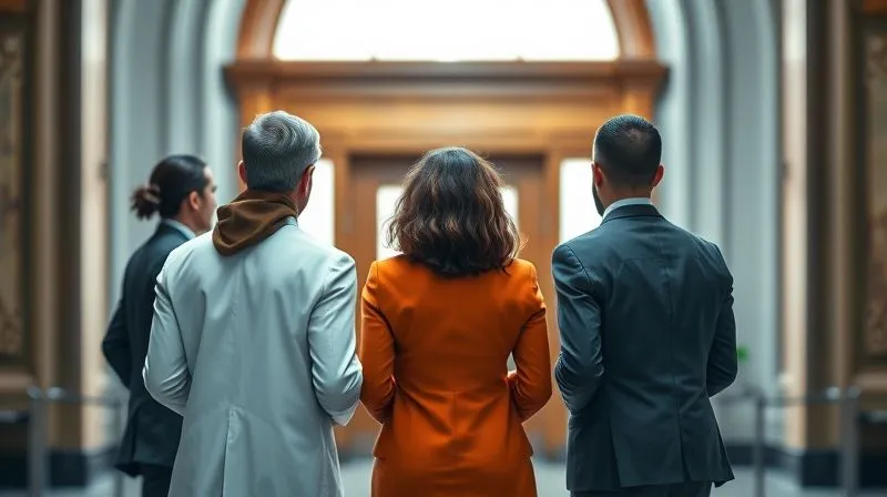 A photorealistic image of a diverse group of professional individuals (e.g., a doctor, a business executive, a community leader) standing together in a supportive manner, looking towards a blurred courtroom entrance, cinematic lighting, sharp focus on the individuals, depth of field, 8K hyper-detailed, professional photography.