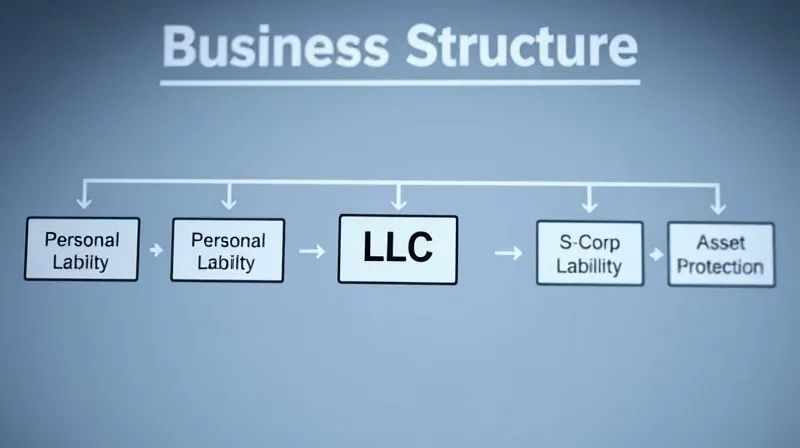 A photorealistic infographic showing a flowchart of different business structures (Sole Proprietorship, Partnership, LLC, S-Corp, C-Corp) with arrows leading to 'Personal Liability' or 'Limited Personal Liability', visually representing the degree of asset protection. Professional photography, 8K, cinematic lighting, sharp focus on the flowchart, depth of field, shot on a high-end DSLR.