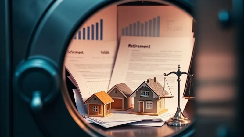 A photorealistic image of a secure, locked safe or vault, with a subtle glow, containing legal documents and a small model of a house and a retirement piggy bank. The background shows blurred financial graphs and a legal scale. Professional photography, 8K, cinematic lighting, sharp focus on the safe's contents, depth of field, shot on a high-end DSLR.