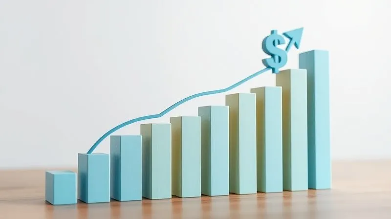 A photorealistic 3D bar chart showing a steep upward trend in long-term care costs over the past two decades, with a dollar sign icon prominently displayed. Professional photography, 8K, cinematic lighting, sharp focus on the chart, depth of field, shot on a high-end DSLR.