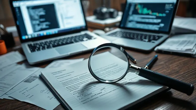 photorealistic, professional photography, 8K, cinematic lighting, sharp focus, depth of field, shot on a high-end DSLR, a detective's desk with scattered documents, a magnifying glass resting on a printed email, a laptop displaying forensic data analysis, and a notepad with handwritten notes, conveying meticulous evidence collection and investigation.