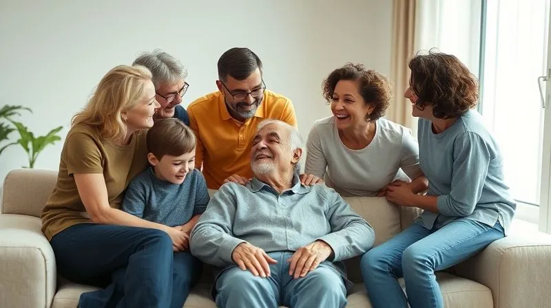 Photorealistic, professional photography, 8K, cinematic lighting, sharp focus, depth of field, shot on a high-end DSLR. A diverse group of family members (adult children and grandchildren) gathered around an elderly person on a sofa, sharing laughter and gentle conversation. The scene is warm, inviting, and shows genuine connection and support. Soft, natural light fills the room. No text or logos.