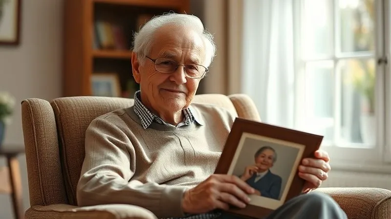 Photorealistic, professional photography, 8K, cinematic lighting, sharp focus, depth of field, shot on a high-end DSLR. An elderly person, with a gentle smile and a look of contentment, sitting peacefully in a sunlit armchair, holding a framed photograph. The background shows a comfortable, secure home environment. The lighting is soft and warm, conveying peace and safety. No text or logos.