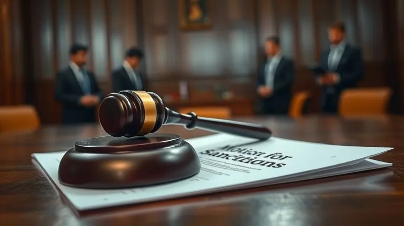 A photorealistic image of a gavel resting on a legal brief titled 'Motion for Sanctions', with blurred figures of legal professionals in the background. The scene is in a courtroom, with dramatic lighting emphasizing the gavel and document. Sharp focus on the legal documents, depth of field blurring the background. 8K hyper-detailed, shot on a high-end DSLR, conveying justice and legal action.