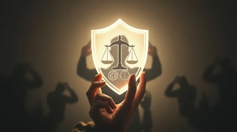 A photorealistic image of a hand holding a glowing, ethereal shield with legal symbols, protecting a silhouette of a person from dark, shadowy figures reaching from the background. The shield emanates a sense of permanent protection. Cinematic lighting, sharp focus on the shield, depth of field blurring the background. 8K hyper-detailed, shot on a high-end DSLR, symbolizing the enduring power of the discharge injunction.