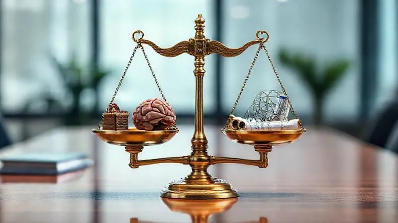 Photorealistic, professional photography, 8K, cinematic lighting, sharp focus, depth of field, shot on a high-end DSLR. A set of antique brass scales perfectly balanced, with various symbolic items representing different founder contributions (a small stack of cash, a miniature brain model, a tiny blueprint scroll, a network of intertwined threads) on each pan, illustrating fair and equitable distribution. The background is a softly blurred, sophisticated legal office.