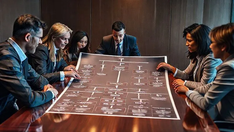 Photorealistic, professional photography, 8K, cinematic lighting, sharp focus, depth of field, shot on a high-end DSLR. A diverse group of business professionals (multi-ethnic, mixed gender) gathered around a large, polished boardroom table, intently reviewing a complex flowchart diagram illustrating various exit strategies and buy-sell scenarios for a company. One person points to a specific junction on the chart, emphasizing a crucial decision point. The atmosphere is collaborative but serious, reflecting strategic planning for the future.