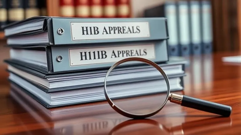 A photorealistic image of a stack of legal binders labeled 'H1B Appeals' on a polished wooden desk, with a magnifying glass resting on an open binder, emphasizing meticulous detail and research. Professional photography, 8K, cinematic lighting, sharp focus on the binders, depth of field blurring the background, shot on a high-end DSLR, conveying diligence and thoroughness.