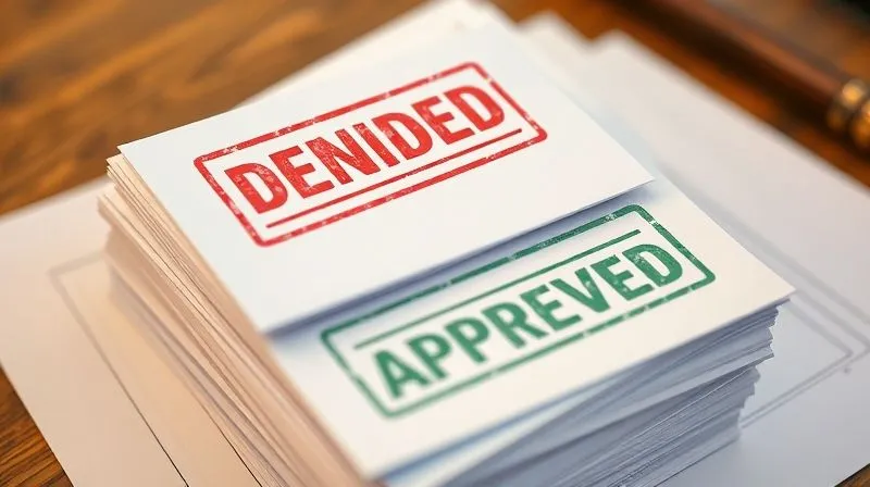 A stack of legal documents with a prominent red 'DENIED' stamp on the top one, contrasted with a hopeful green 'APPROVED' stamp on another, symbolizing the challenge and goal, photorealistic, professional photography, 8K, cinematic lighting, sharp focus, depth of field.